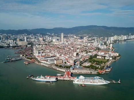 Georgetown, Penang/Malaysia - Feb 28 2020: Aerial view Port Swettenham at Georgetown City.