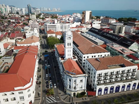 Georgetown, Penang/Malaysia - Feb 28 2020: Aerial view clock tower Wisma KASTAM.