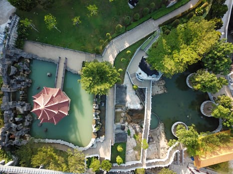 Georgetown, Penang/Malaysia - Feb 28 2020: Garden view near the pond at Kek Lok Si temple.