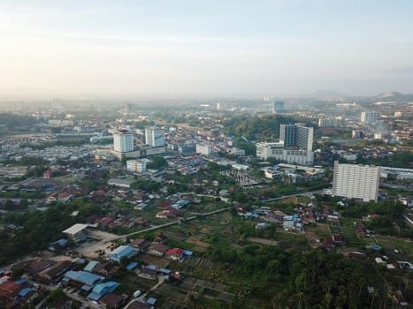 Bukit Mertajam, Penang/Malaysia - Feb 27 2020: Aerial view BM Plaza and rural area of vegetable plantation.