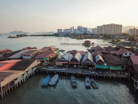 Georgetown, Penang/Malaysia - Feb 28 2020: Aerial view Chew Jetty