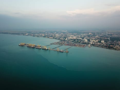 Georgetown, Penang/Malaysia - Feb 28 2020: Aerial view green sea at container terminal Butterworth.