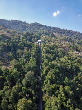 Georgetown, Penang/Malaysia - Feb 28 2020: Aerial view funicular car up Penang Hill.