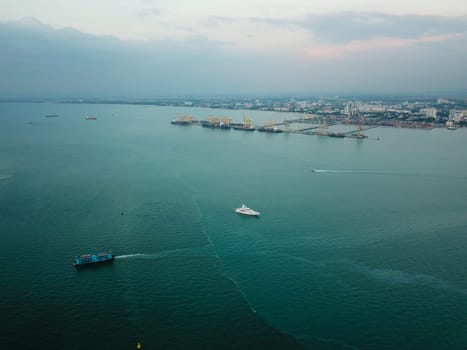 Georgetown, Penang/Malaysia - Feb 28 2020: Blue sea ferry on sea.