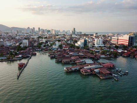 Georgetown, Penang/Malaysia - Feb 28 2020: Aerial view Chew Jetty and Tan Jetty in evening.