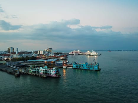 Georgetown, Penang/Malaysia - Feb 28 2020: Aerial view ferry at terminal at night.