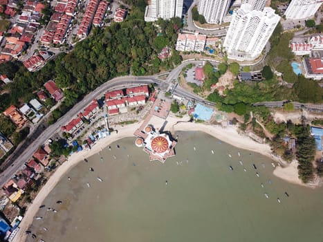 Georgetown, Penang/Malaysia - Mar 03 2020: Bird eye view Floating Mosque near the beach at Tanjung Bungah.