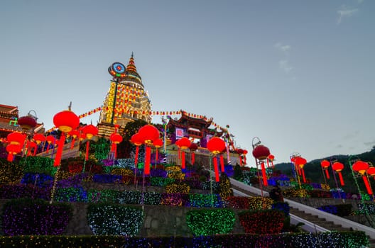 Georgetown, Penang/Malaysia - Feb 20 2020: Blue hour of Kek Lok Si with colorful red lantern.