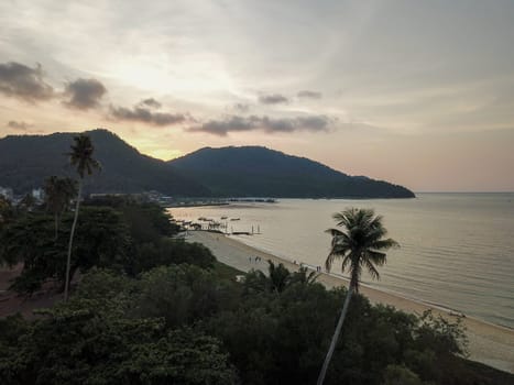 Teluk Bahang, Penang/Malaysia - Mar 08 2020: Aerial view sunset at Teluk Bahang.