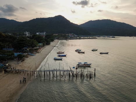 Teluk Bahang, Penang/Malaysia - Mar 08 2020: Aerial view sunset at Teluk Bahang fishing village.