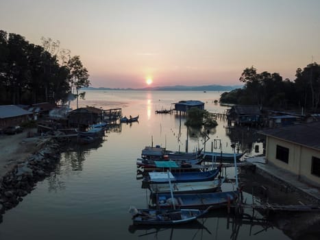 Bukit Mertajam, Penang/Malaysia - Mar 13 2020: Sunset at fishing village.