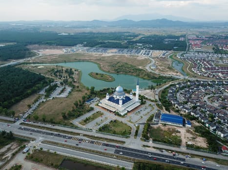 Kepala Batas, Penang/Malaysia - Mar 15 2020: Drone view Abdullah Fahim Mosque at town.