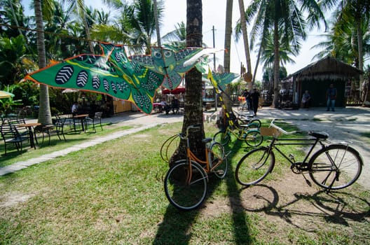 Penaga, Penang/Malaysia - Mar 14 2020: Bicycle and kites in green eco coconut farm.