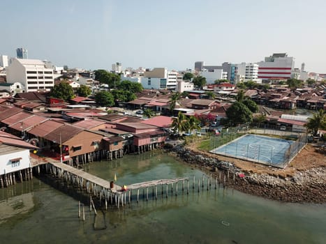 Georgetown, Penang/Malaysia - Mar 17 2020: Drone view basketball field near clan jetty.