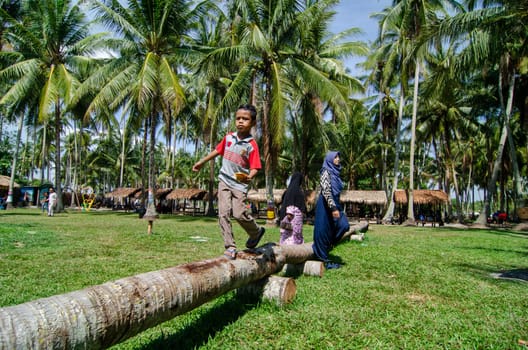 Penaga, Penang/Malaysia - Mar 15 2020: Kids walk on the trunk pf coconut.