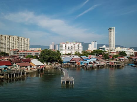 Georgetown, Penang/Malaysia - Mar 17 2020: Drone view clan jetty in morning.