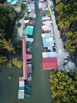 Bukit Mertajam, Penang/Malaysia - Mar 13 2020: Aerial top down view Malays fishing village.