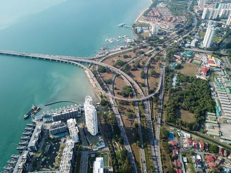 Georgetown, Penang/Malaysia - Mar 17 2020: Aerial view interchange highway at Penang Island.