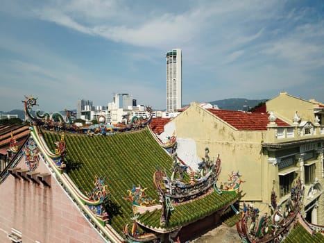 Georgetown, Penang/Malaysia - Mar 17 2020: Aerial view colorful rooftop with decoration at Yap Kongsi Temple.