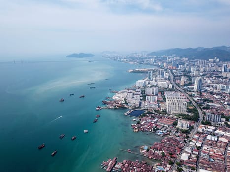 Georgetown, Penang/Malaysia - Mar 17 2020: Aerial view clan jetty and Macallum.