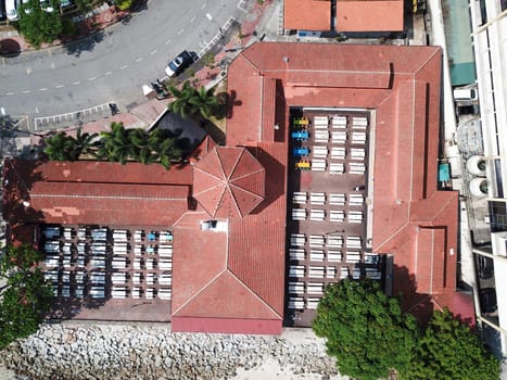 Georgetown, Penang/Malaysia - Mar 17 2020: Aerial Padang Kota Lama food court in morning.