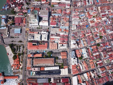 Georgetown, Penang/Malaysia - Mar 17 2020: Aerial look down old heritage building at city.