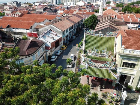 Georgetown, Penang/Malaysia - Mar 17 2020: Aerial look down Yap Kongsi Temple with street.