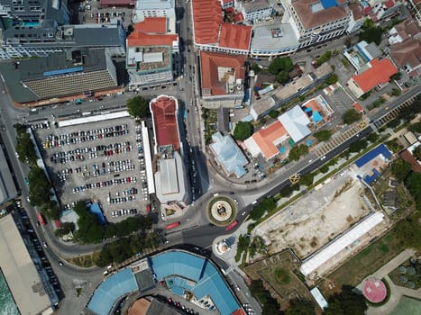 Georgetown, Penang/Malaysia - Mar 17 2020: Aerial view roundabout at Jubilee Clock Tower.