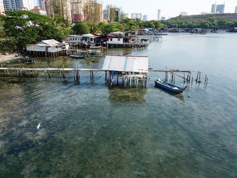 Georgetown, Penang/Malaysia - Mar 17 2020: Aerial view fishing village at Jelutong.