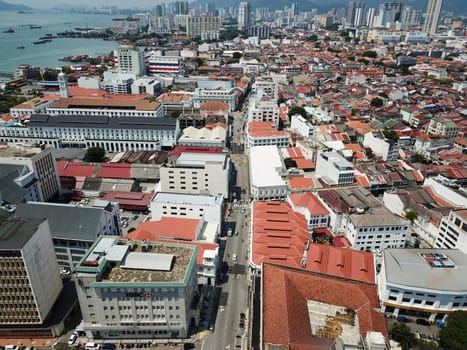 Georgetown, Penang/Malaysia - Mar 17 2020: Aerial view Beach Street.