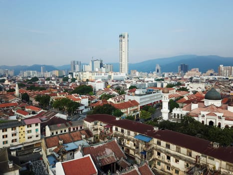 Georgetown, Penang/Malaysia - Mar 21 2020: Aerial view Georgetown KOTMAR building and old house.
