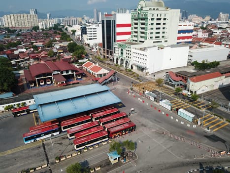 Georgetown, Penang/Malaysia - Mar 21 2020: Aerial view bus station Rapid Penang at Pengkalan Weld.