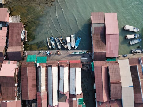 Georgetown, Penang/Malaysia - Mar 21 2020: Aerial fishing boat park at Chew Jetty.
