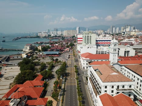 Georgetown, Penang/Malaysia - Mar 21 2020: Aerial top down view no car at street. Government implement movement control order to counter the spread of Covid19.