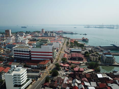 Georgetown, Penang/Malaysia - Mar 21 2020: Drone view less car at street due to Coronavirus COVID19 outbreak.