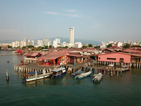 Georgetown, Penang/Malaysia - Mar 21 2020: UNESCO World Heritage Georgetown. Aerial Chew Jetty.