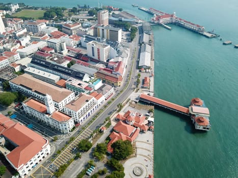 Georgetown, Penang/Malaysia - Mar 21 2020: Aerial view less car traffic at town. Movement Control Order due to pandemic Coronavirus COVID19.