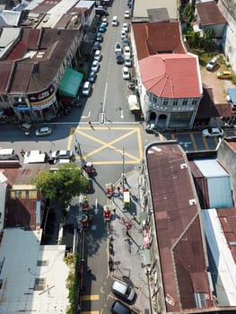 Georgetown, Penang/Malaysia - Mar 17 2020: Aerial view junction at Armenian Street and Beach Street.