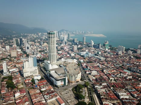 Georgetown, Penang/Malaysia - Mar 21 2020: Aerial view KOMTAR building in sunny morning.