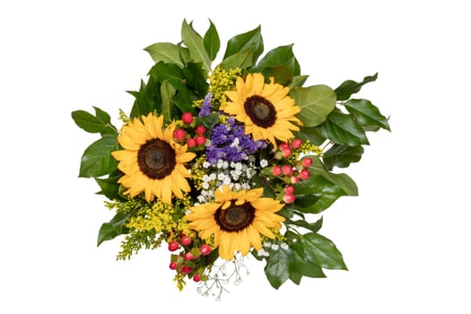 Flower bouquet isolated. Bouquet of beautiful fresh sunflowers top view isolated on a white background. Flower decorations design element. Birthday, Mother day and other festivals.