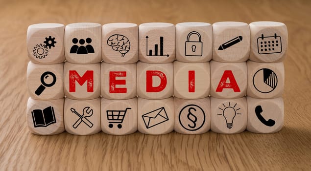 Dice with icons and the word Media