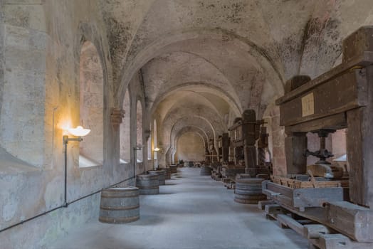 historical wine presses in the lay refectory of the Eberbach monastery, Hessen, Germany