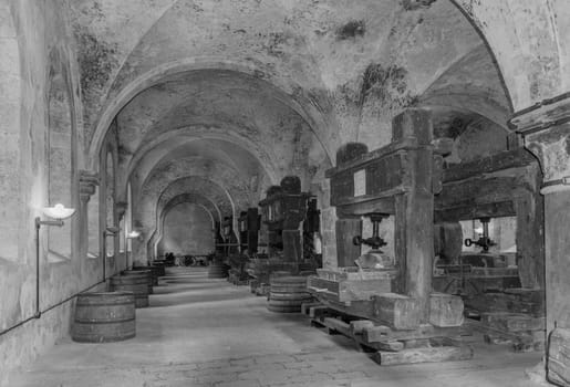 historical wine presses in the lay refectory of the Eberbach monastery, Hessen, Germany