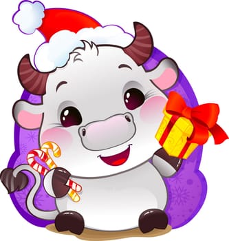 White Metal Ox - Symbol of Chinese Horoscope for New Year.  Cute Ox Calf in cartoon style. Happy 2021 New Year card.