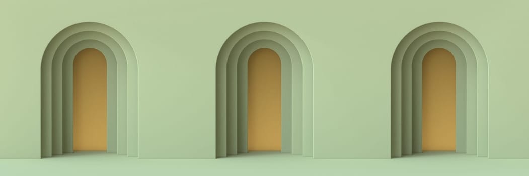 Abstract background three doors 3D render illustration on green background