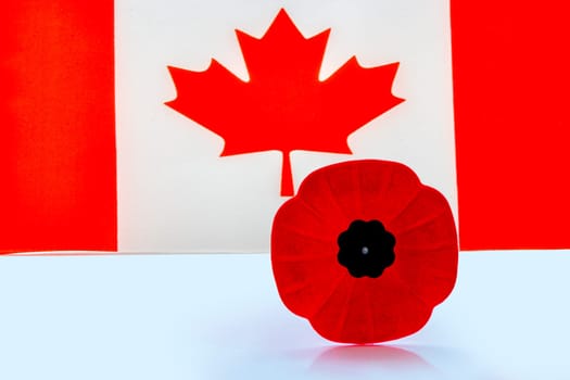 A remembrance day poppy flower with a Canadian Flag on the background.