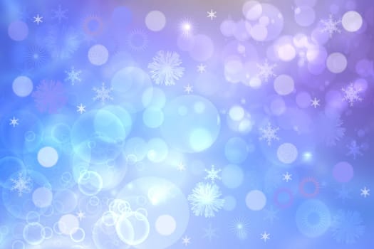Abstract blurred festive light blue pink winter christmas or Happy New Year background with shiny blue and white bokeh lighted snowflakes and stars. Space for your design. Card concept.