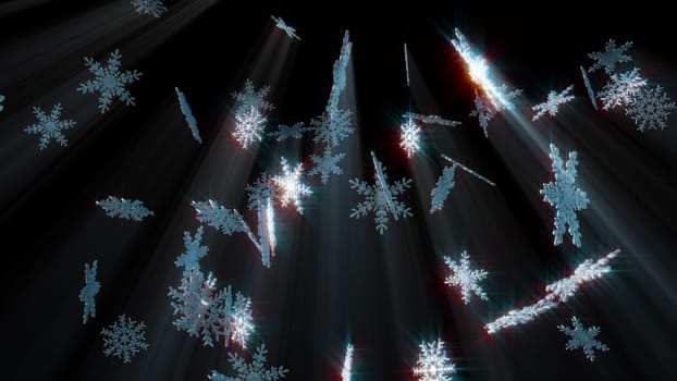Large beautiful falling crystal snowflakes, computer generated. 3d rendering winter backdrop