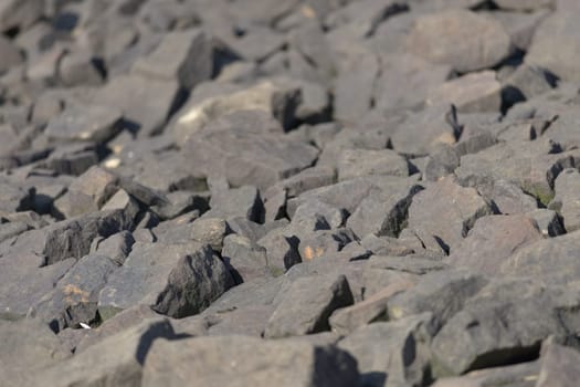Various sizes of stone boulders from the edge of a reservoir form a full frame image. Warm plain color tones from evening sunlight. Natural outdoors