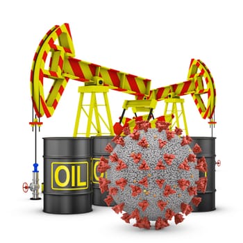 Coronavirus, oil barrels and pumps on a white background. 3D rendering.